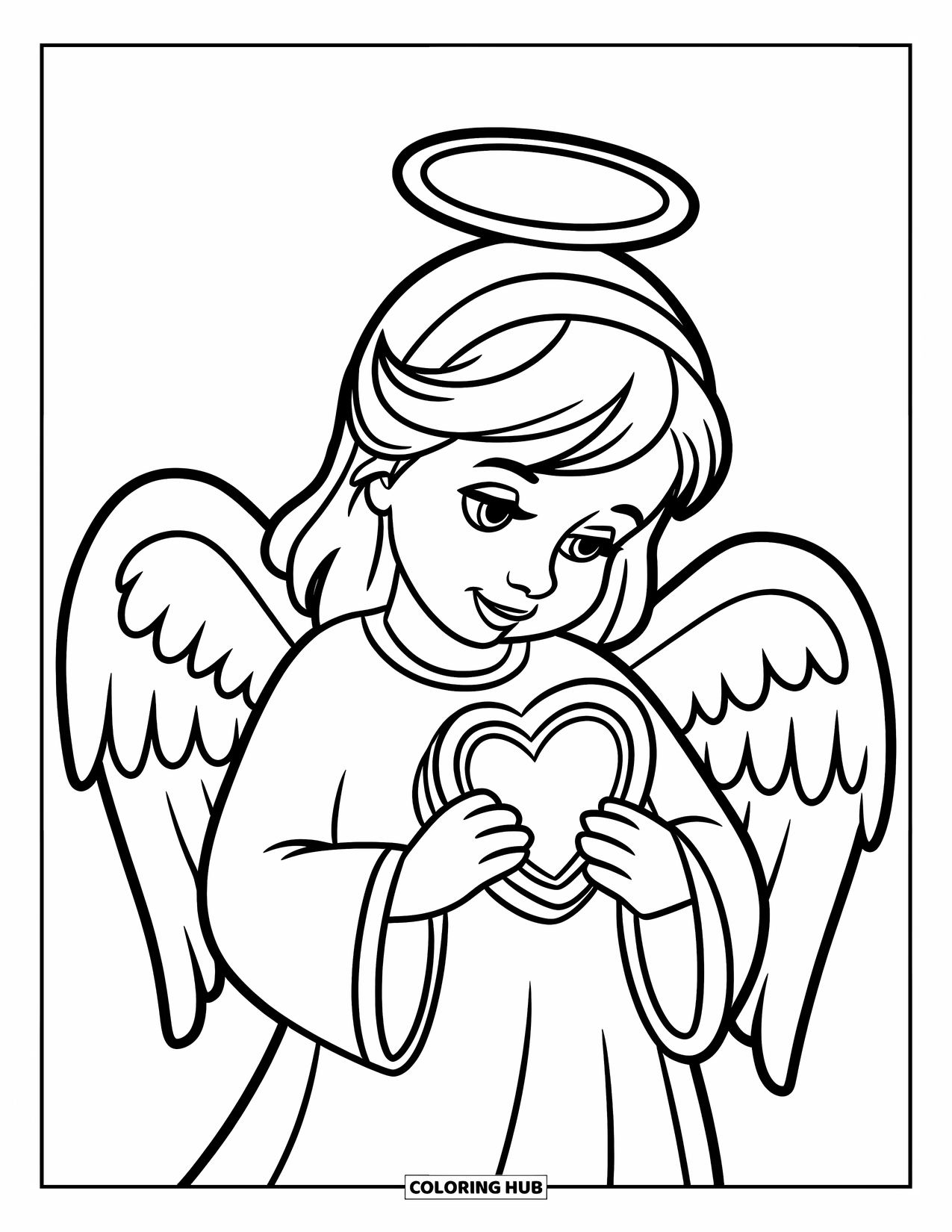 Desen de colorat cu un înger pentru copii: Un înger ținând un medalion în formă de inimă cu aripi și o robă