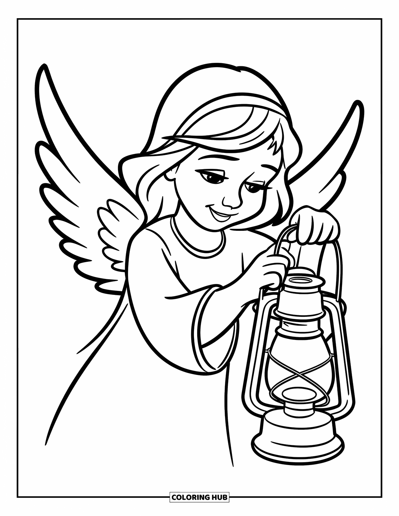 Desen de colorat cu un înger pentru copii: Un înger ținând un felinar cu o expresie blândă