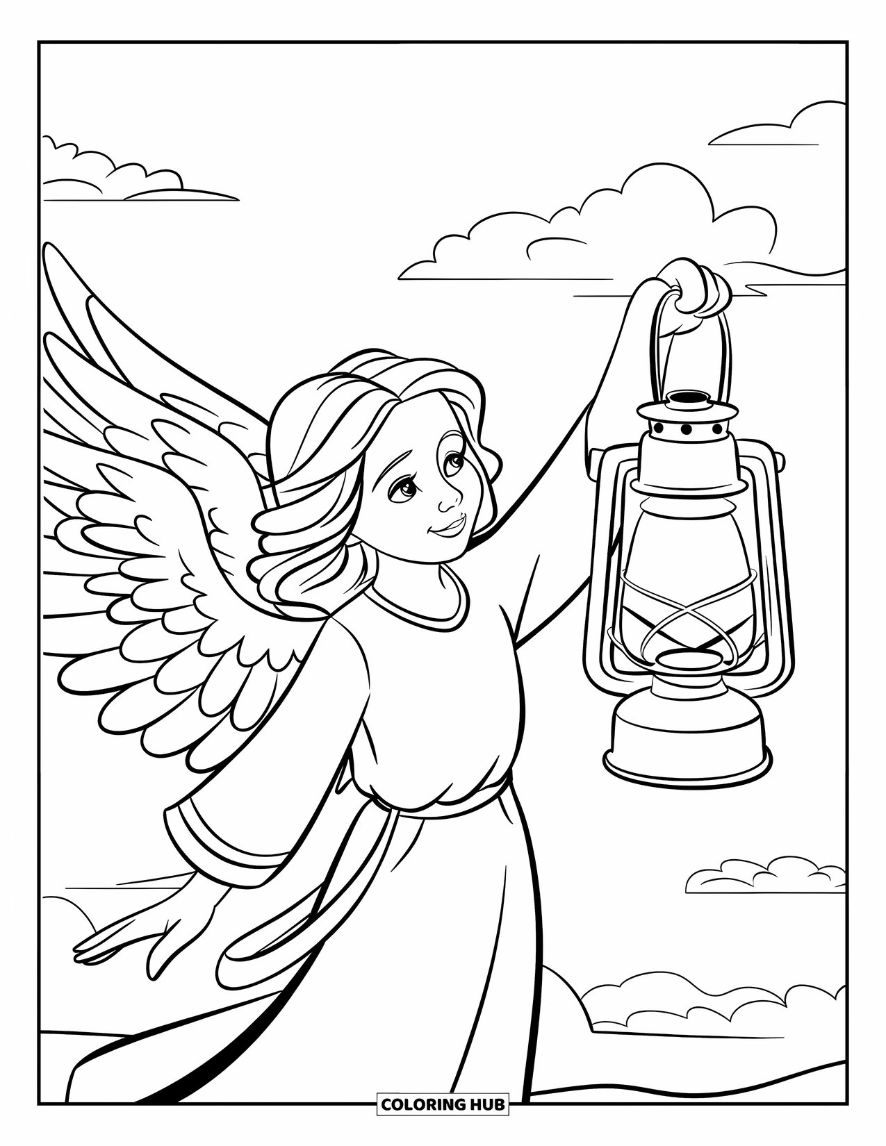 Desen de colorat cu un înger pentru copii: Un înger ținând un felinar cu stele pe cer