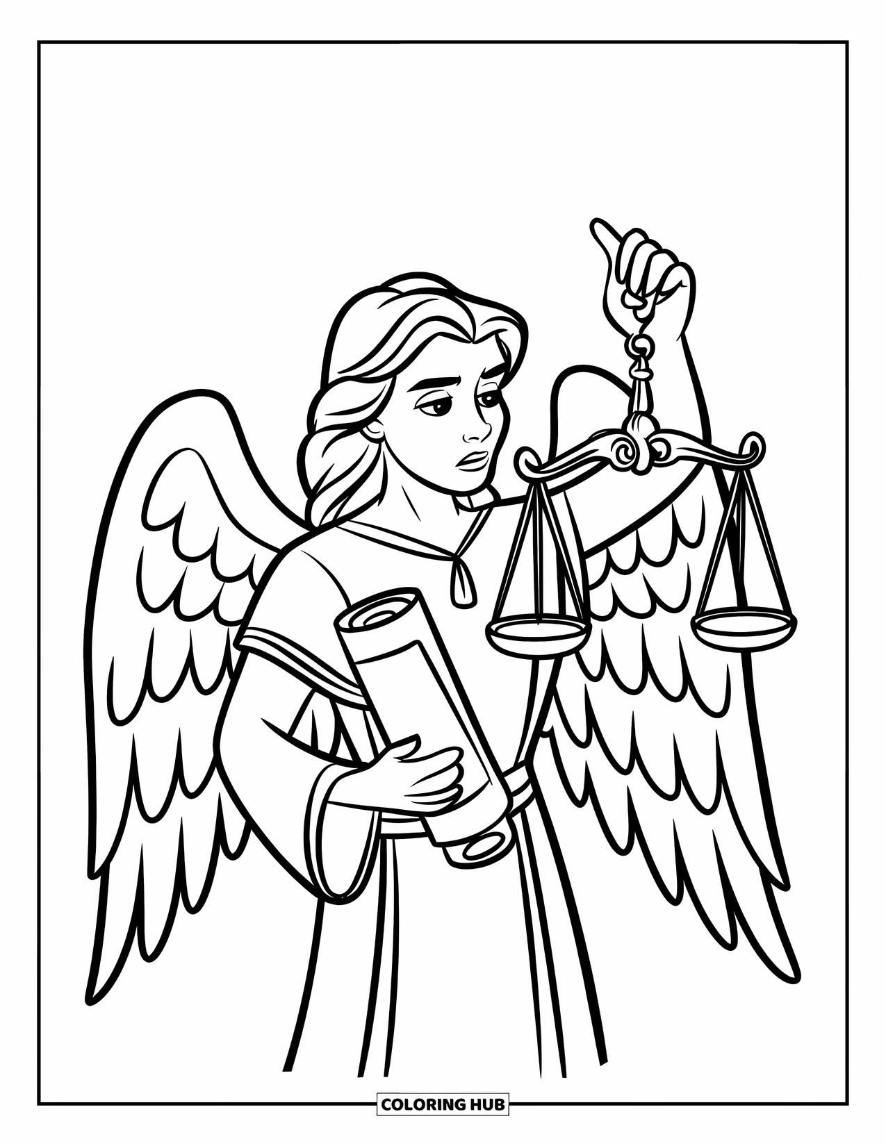 Desen de colorat cu un înger pentru copii: Un înger judecător ținând balanța și un sul cu o expresie serioasă