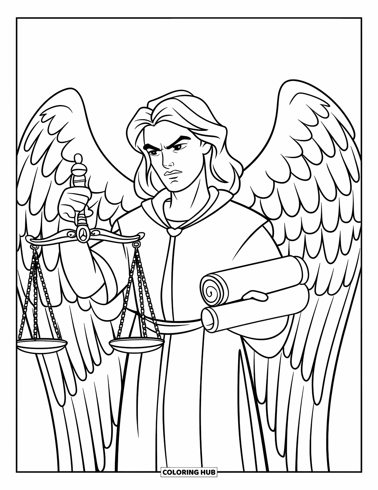 Desen de colorat cu un înger pentru copii: Un înger judecător ținând balanța și un sul cu aripi și o robă