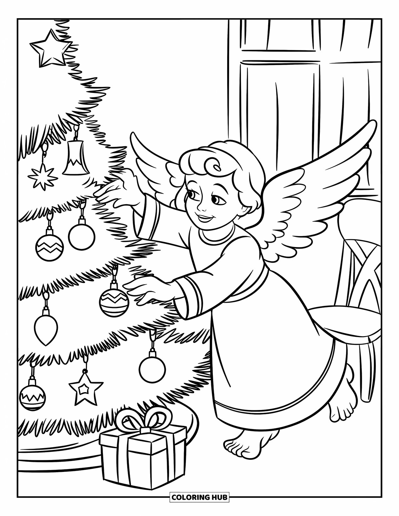Desen de colorat cu un înger pentru copii: Un înger așezând ornamente pe un brad de Crăciun cu o stea în vârf