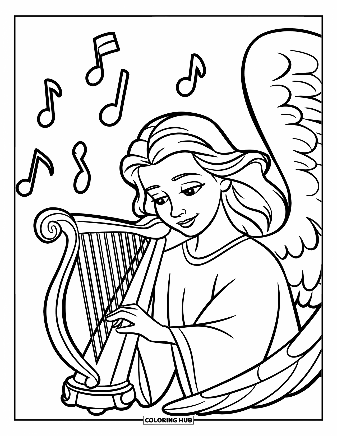 Desen de colorat cu un înger pentru copii: Un înger cântând la harpă cu note delicate în jur