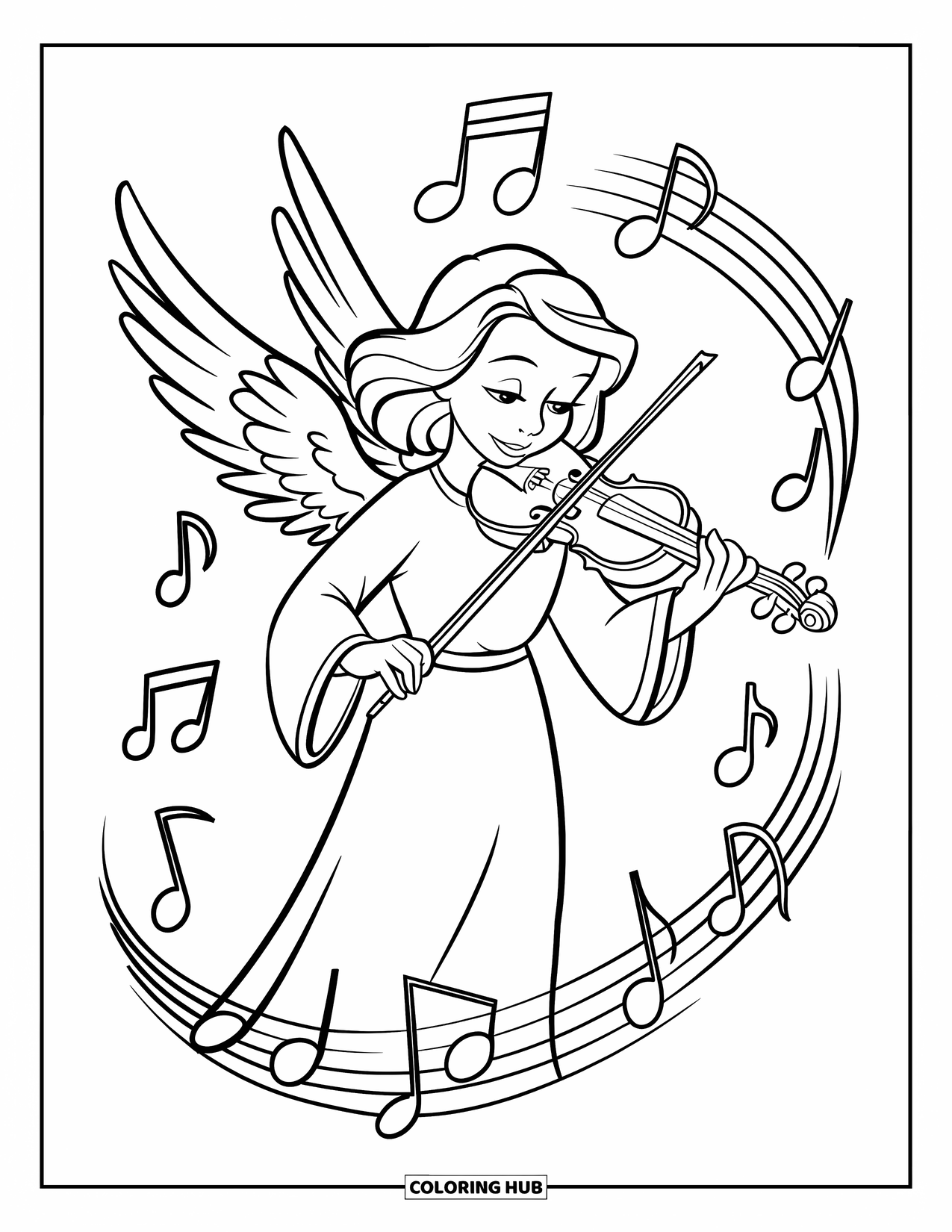 Desen de colorat cu un înger pentru copii: Un înger cântând la vioară cu note învârtindu-se în jur