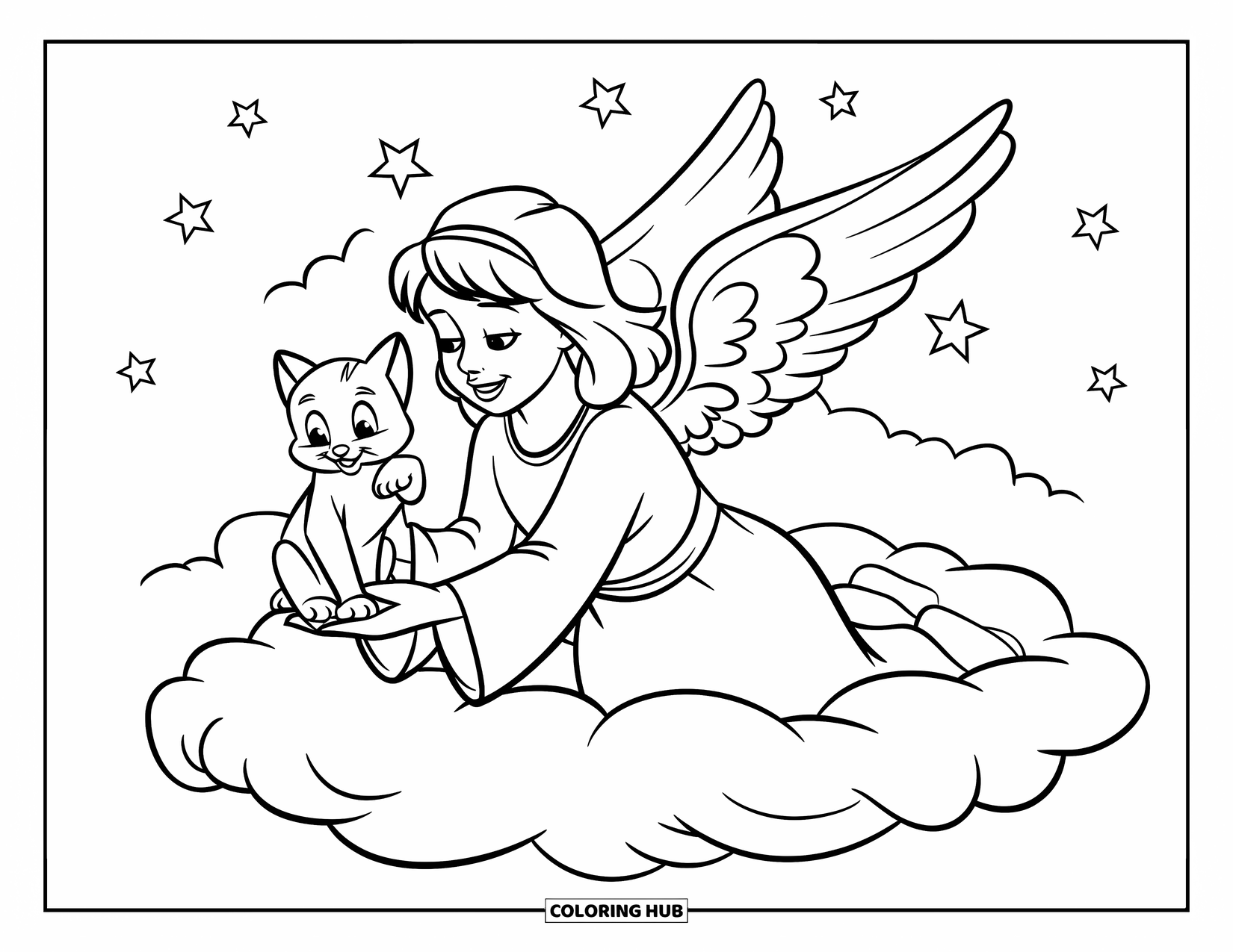 Desen de colorat cu un înger pentru copii: Un înger jucându-se cu un pisoi pe un nor cu stele