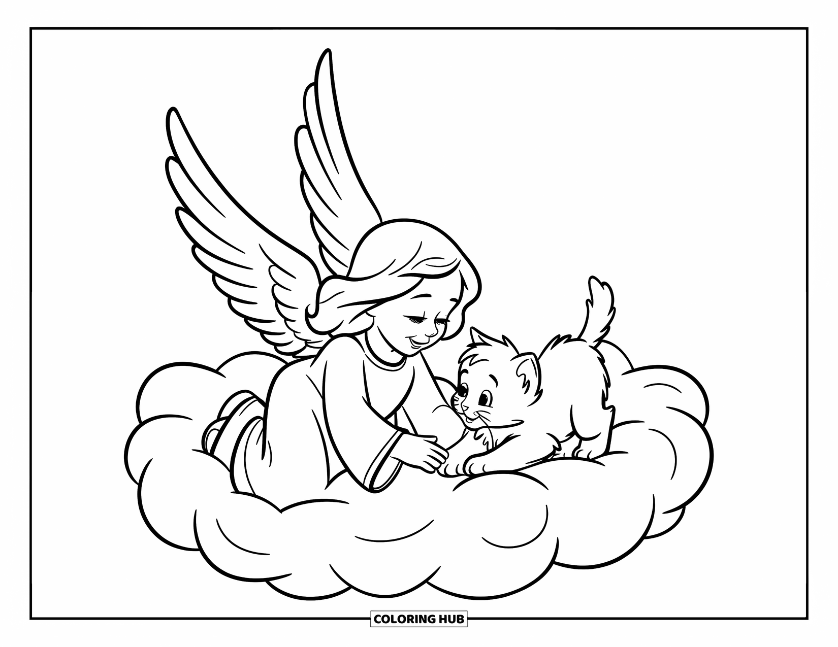 Desen de colorat cu un înger pentru copii: Un înger jucându-se cu un pisoi pe un nor pufos