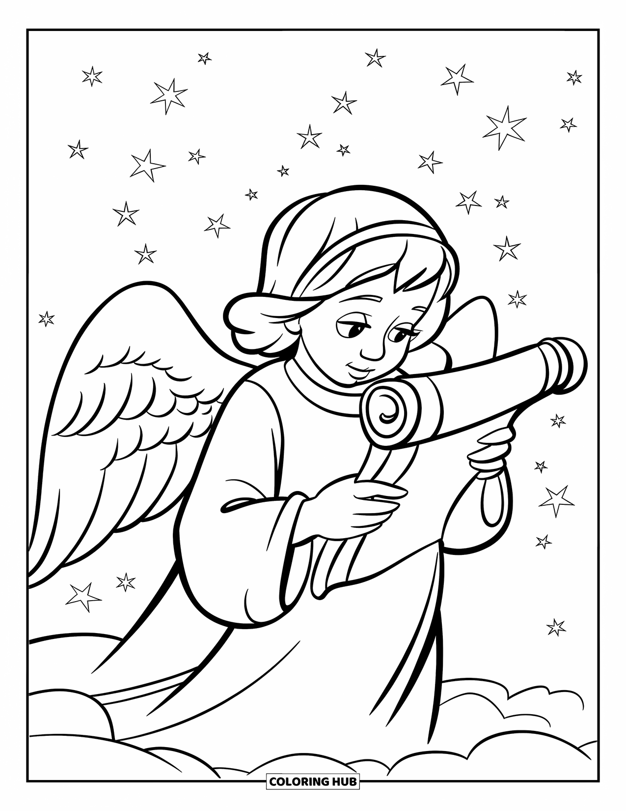 Desen de colorat cu un înger pentru copii: Un înger stând pe un nor citind un sul cu stele