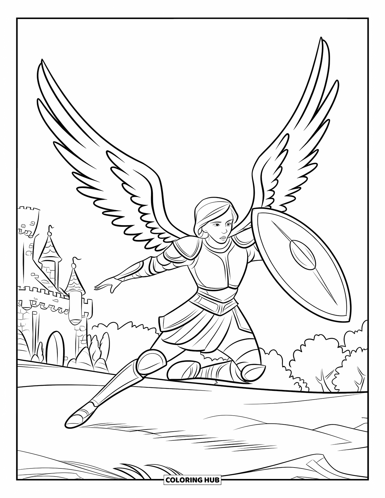 Desen de colorat cu un înger pentru copii: Un înger războinic blocând cu un scut în luptă lângă un castel