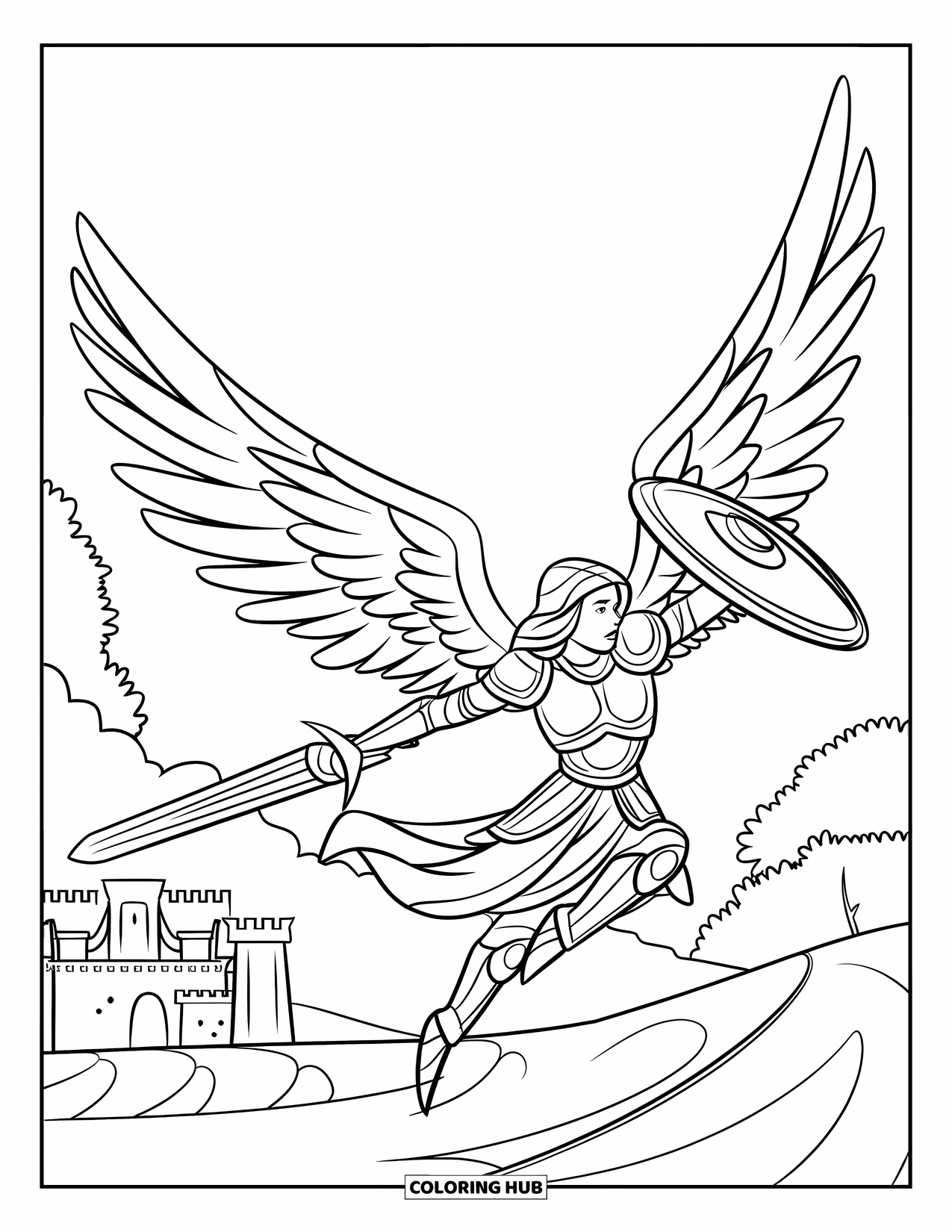Desen de colorat cu un înger pentru copii: Un înger războinic în armură blocând cu un scut lângă un castel
