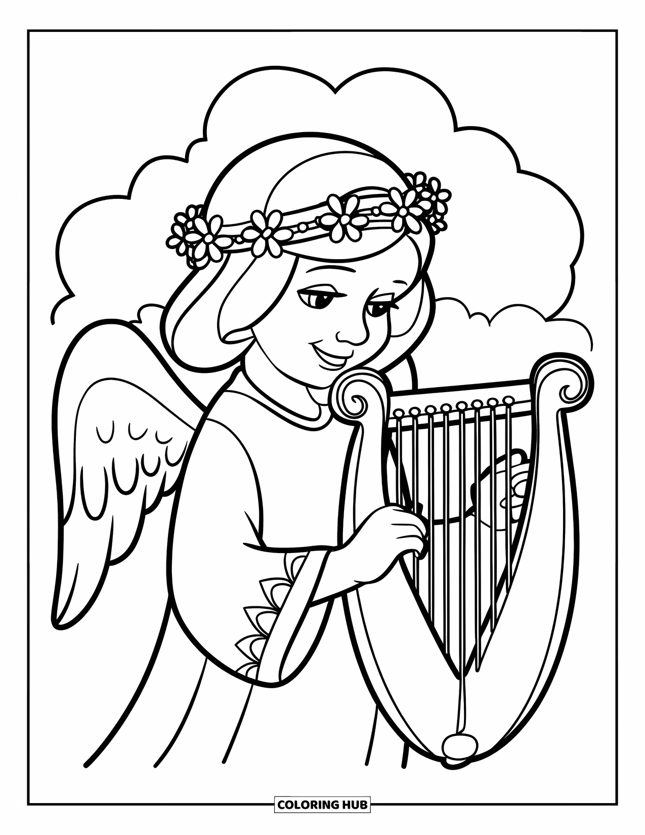 Desen de colorat cu un înger pentru copii: Un înger purtând o bentiță cu flori, cu aripi și o robă