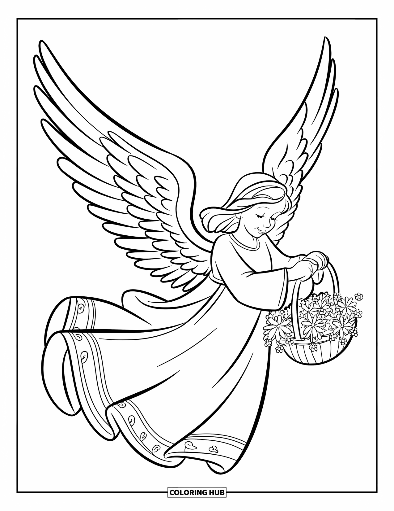 Desen de colorat cu un înger pentru copii: Un înger cu un coș cu flori plutind în aer