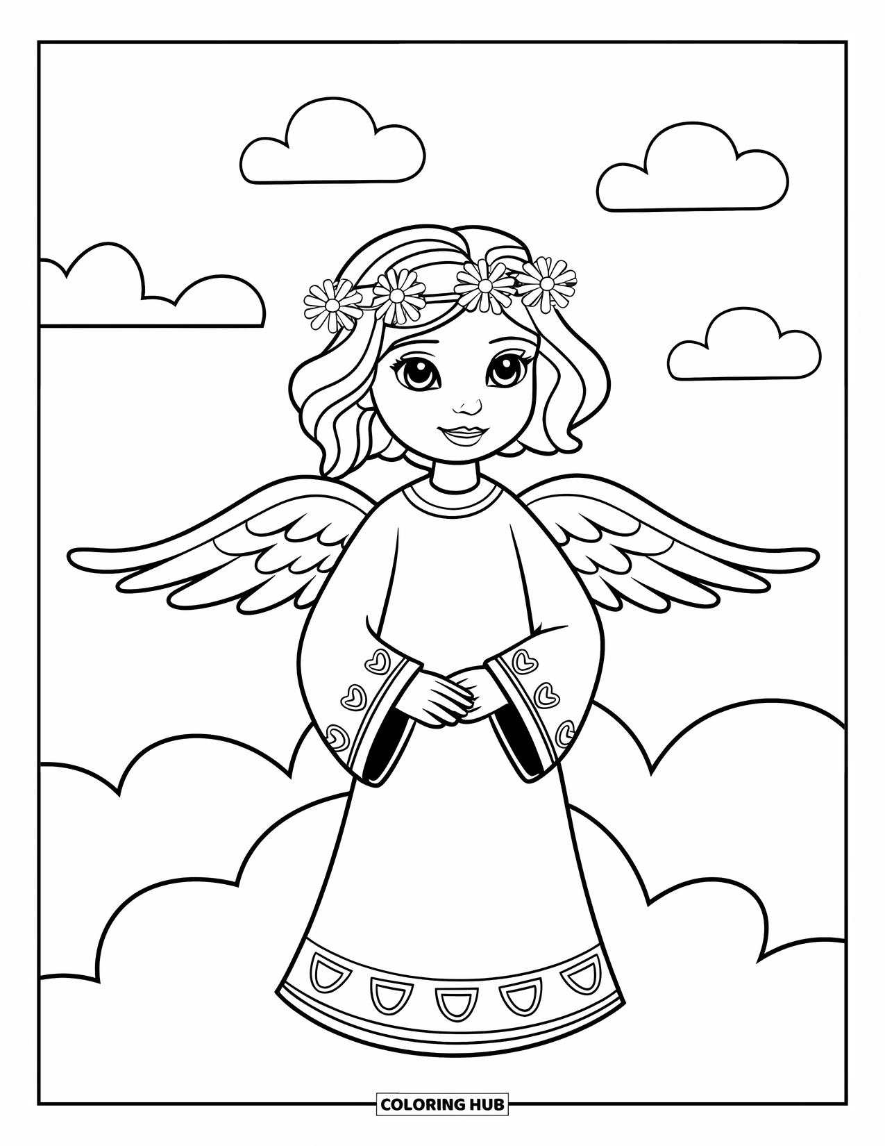 Desen de colorat cu un înger pentru copii: Un înger cu o bentiță cu flori și o robă cu modele pe un nor