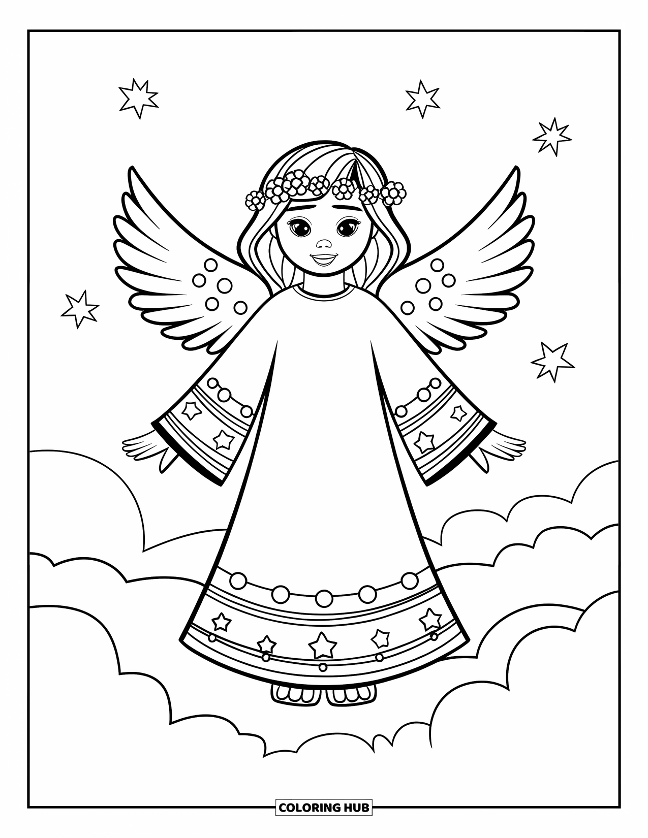 Desen de colorat cu un înger pentru copii: Un înger cu o bentiță cu flori și modele pe robă