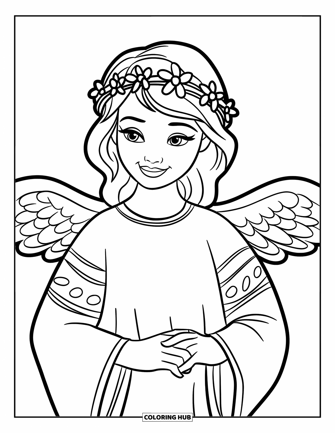 Desen de colorat cu un înger pentru copii: Un înger cu o bentiță cu flori stând pe un nor cu stele