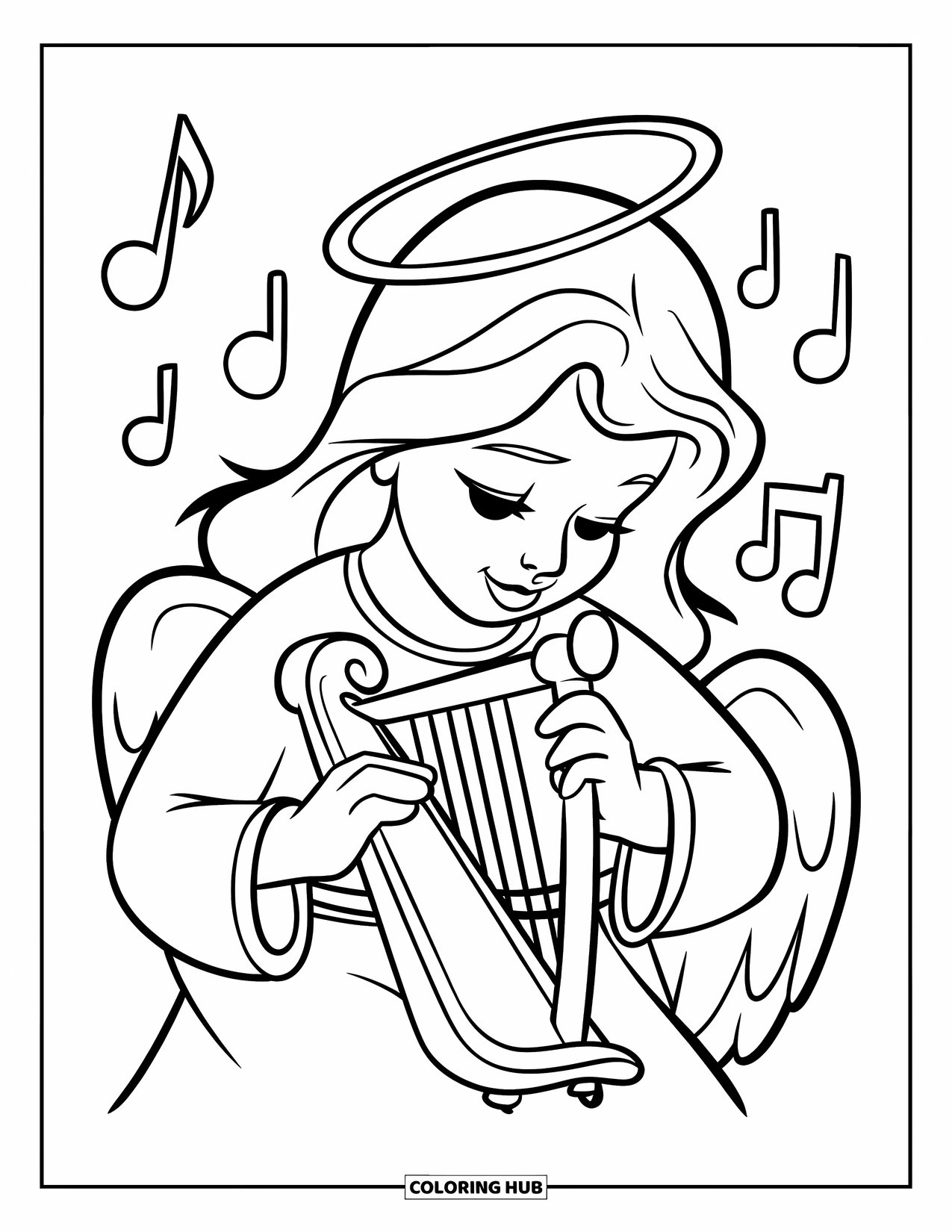 Desen de colorat cu un înger pentru copii: Un înger cu o aureolă cântând la harpă grațios