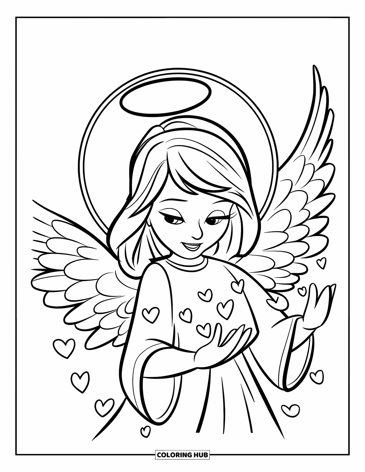 Desen de colorat cu un înger pentru copii: Un înger cu o aureolă împrăștiind inimioare cu dragoste