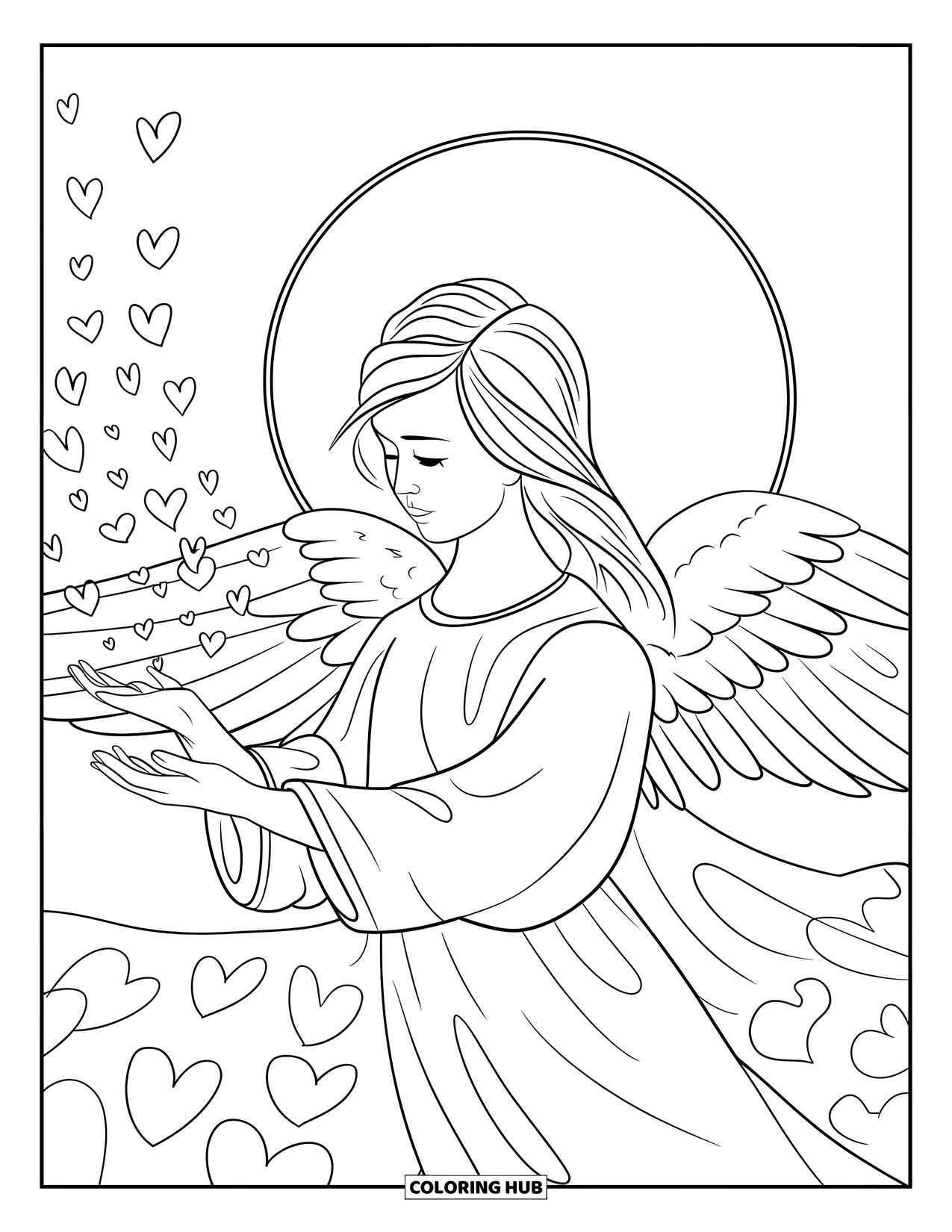 Desen de colorat cu un înger pentru copii: Un înger cu aureolă oferind inimioare cu căldură