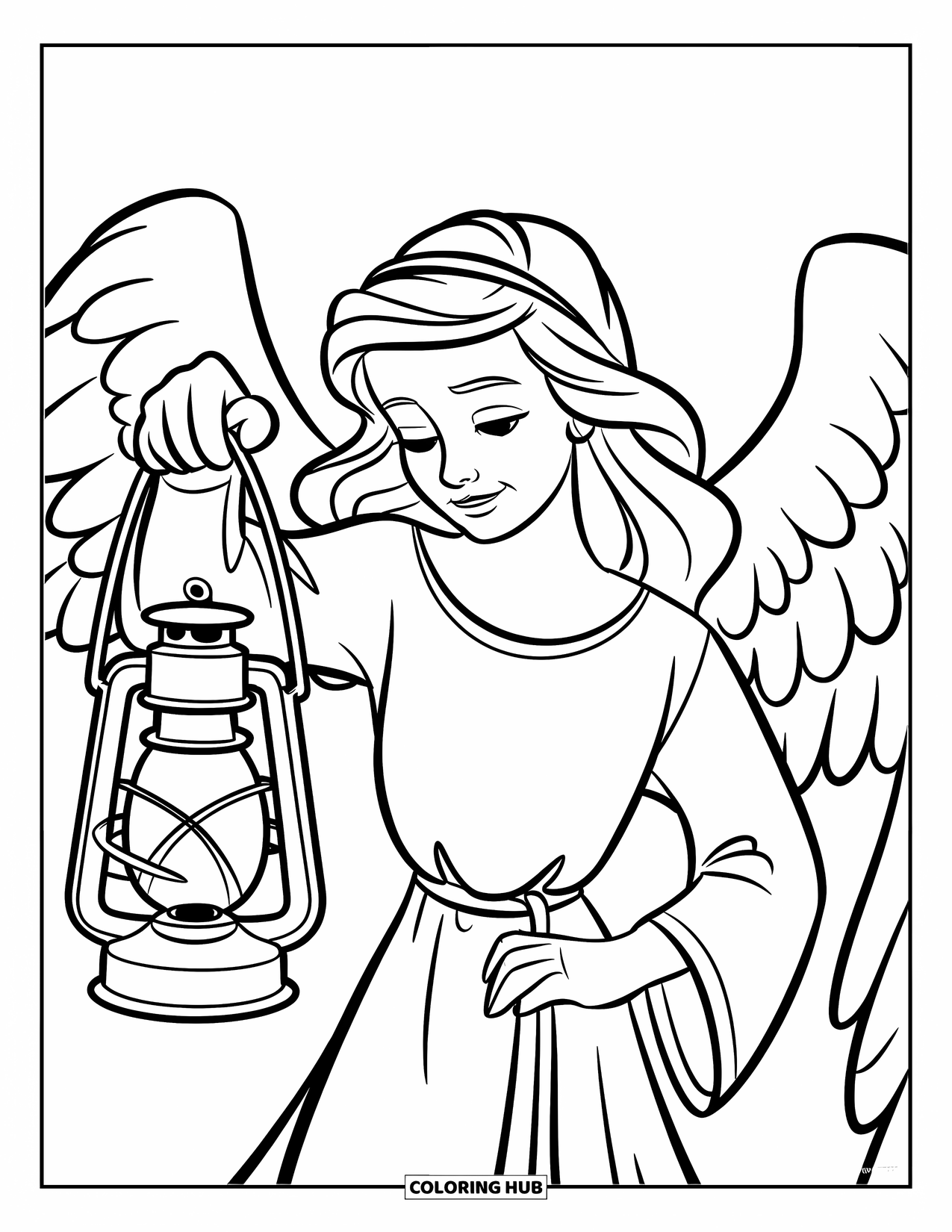 Desen de colorat cu un înger pentru copii: Un înger cu un felinar stând pe un nor cu stele