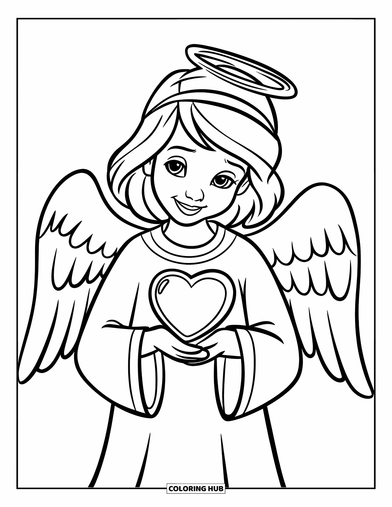 Desen de colorat cu un înger pentru copii: Un înger cu o robă moale ținând un medalion în formă de inimă