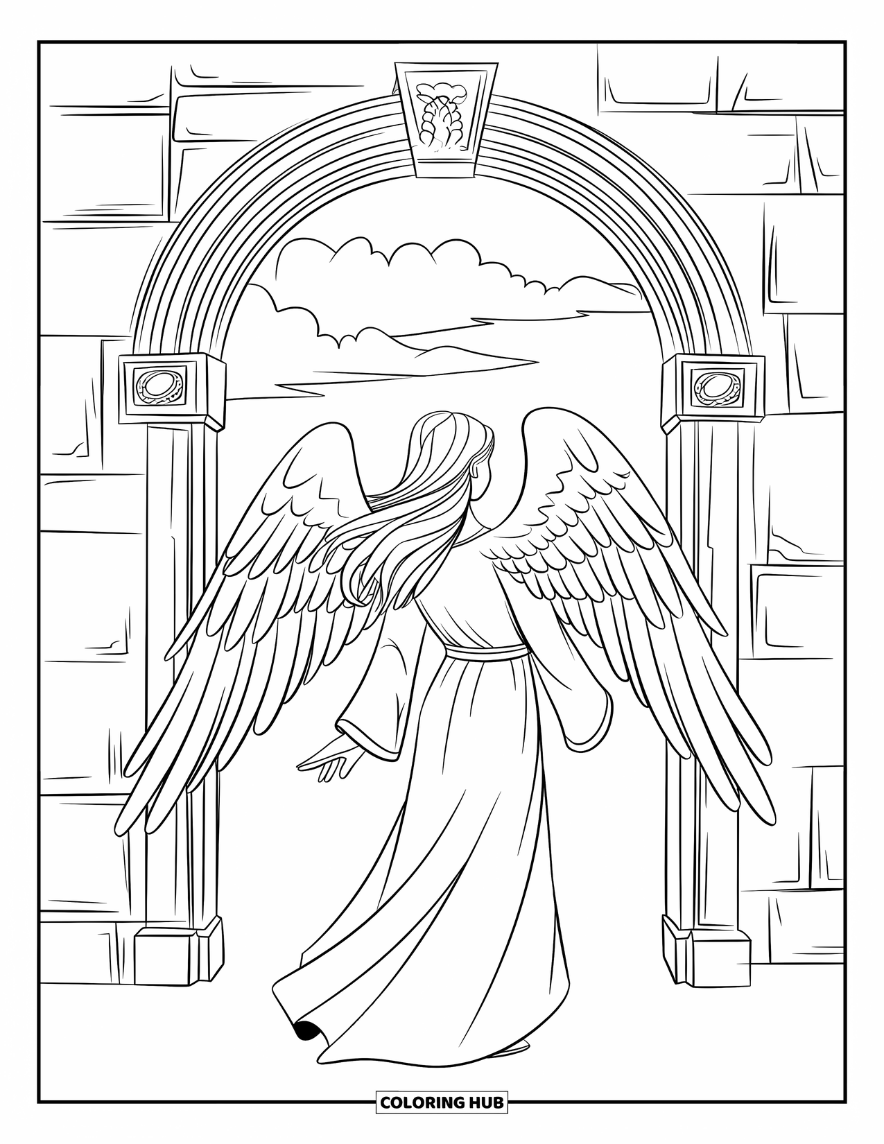 Desen de colorat cu un înger pentru copii: Un înger cu robe largi stând lângă o arcadă de piatră