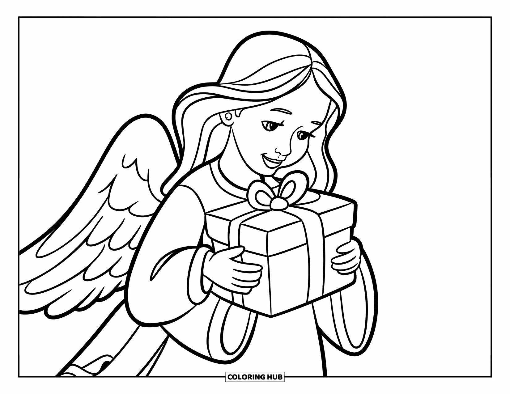 Desen de colorat cu un înger pentru copii: Un înger cu părul lung ținând un cadou frumos împachetat