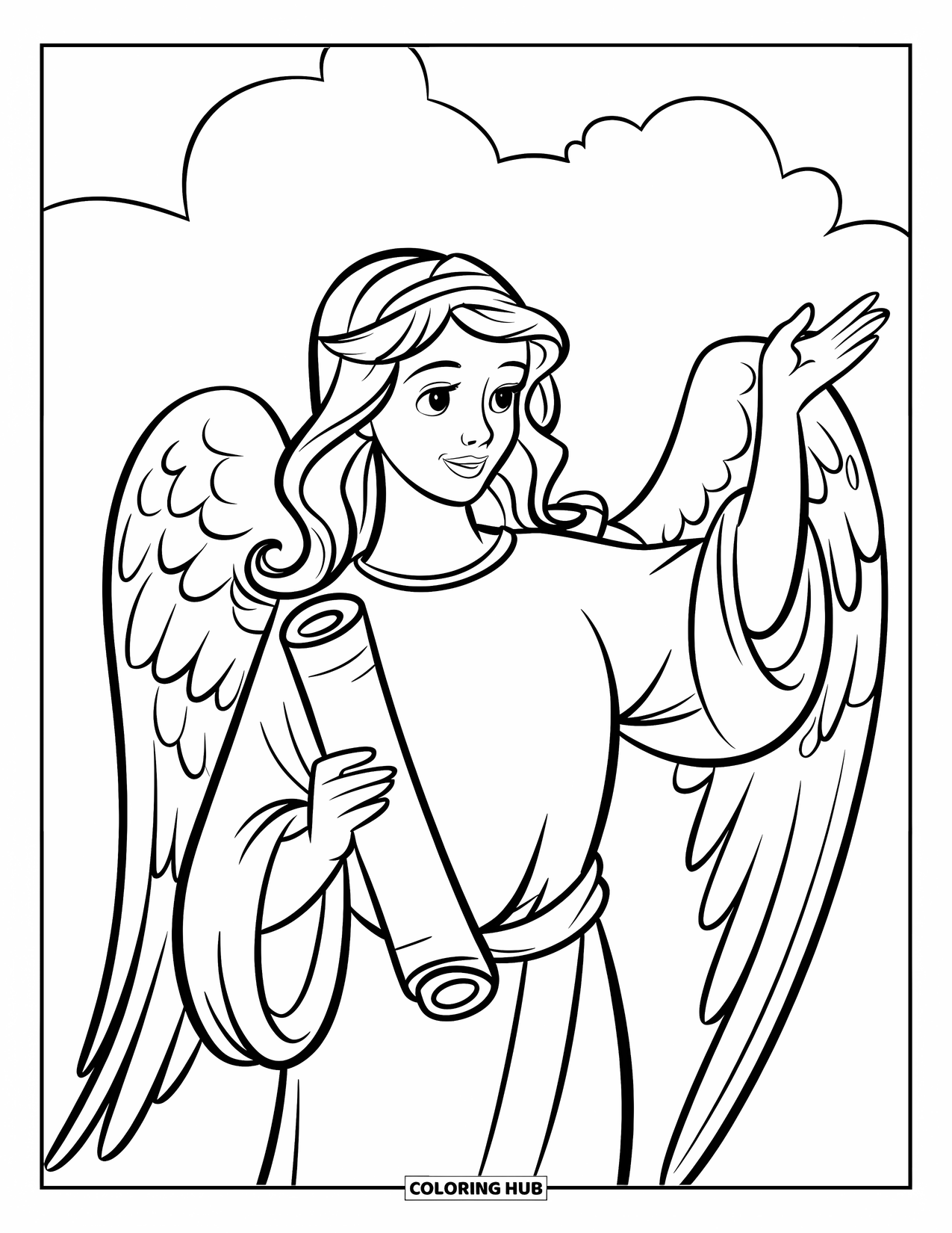 Desen de colorat cu un înger pentru copii: Un înger cu părul lung ținând un sul și ridicând o mână