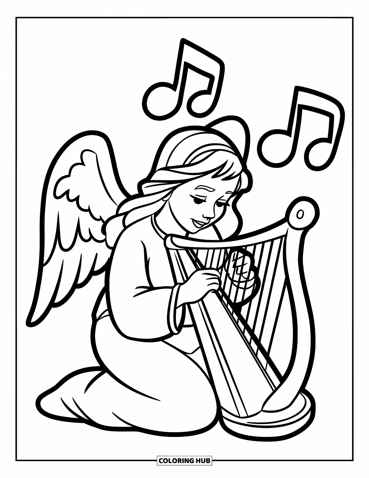 Desen de colorat cu un înger pentru copii: Un înger cu părul lung cântând la o harpă mică cu bucurie