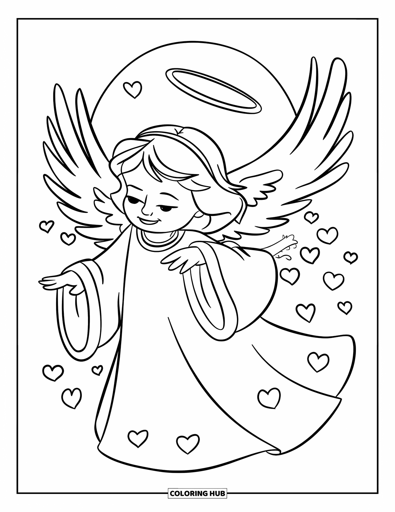 Desen de colorat cu un înger pentru copii: Un înger cu părul lung împrăștiind inimi grațios