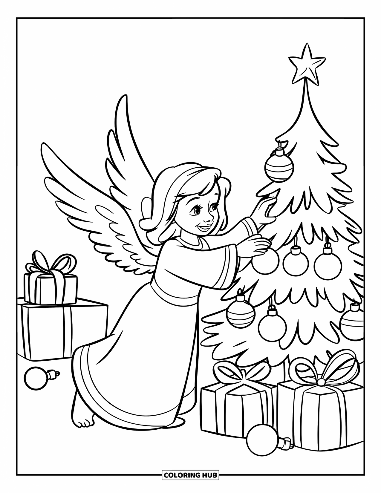 Desen de colorat cu un înger pentru copii: Un înger cu aripi decorând un brad de Crăciun cu cadouri în apropiere