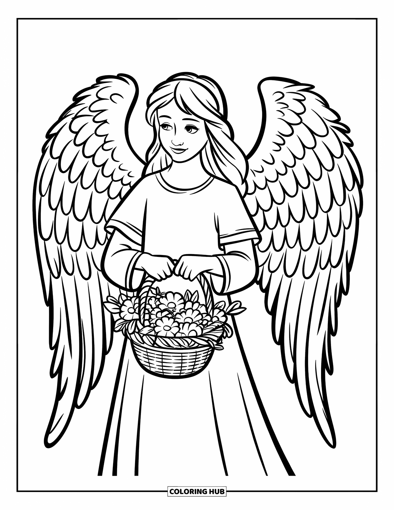 Desen de colorat cu un înger pentru copii: Un înger cu aripi ținând un coș cu flori plin cu trandafiri și crini