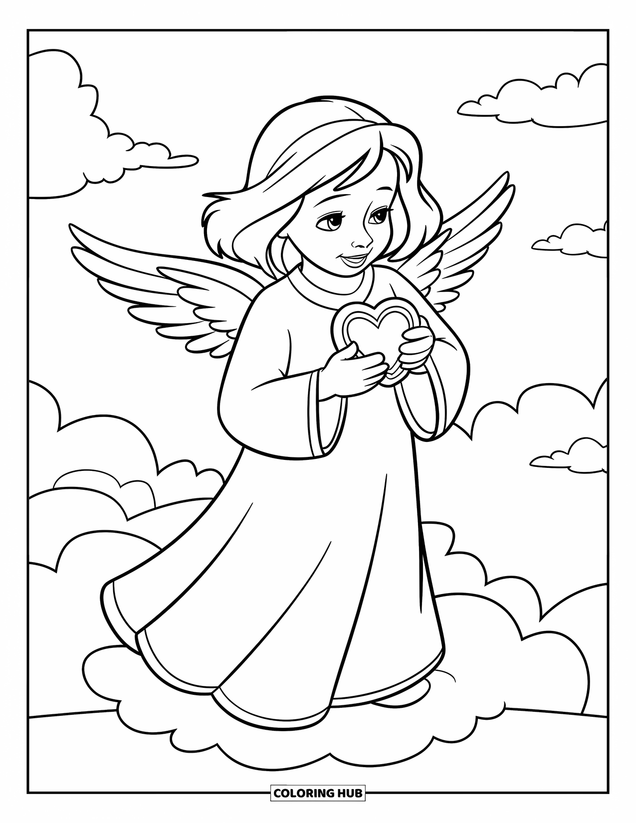 Desen de colorat cu un înger pentru copii: Un înger cu aripi ținând un medalion în formă de inimă pe un nor