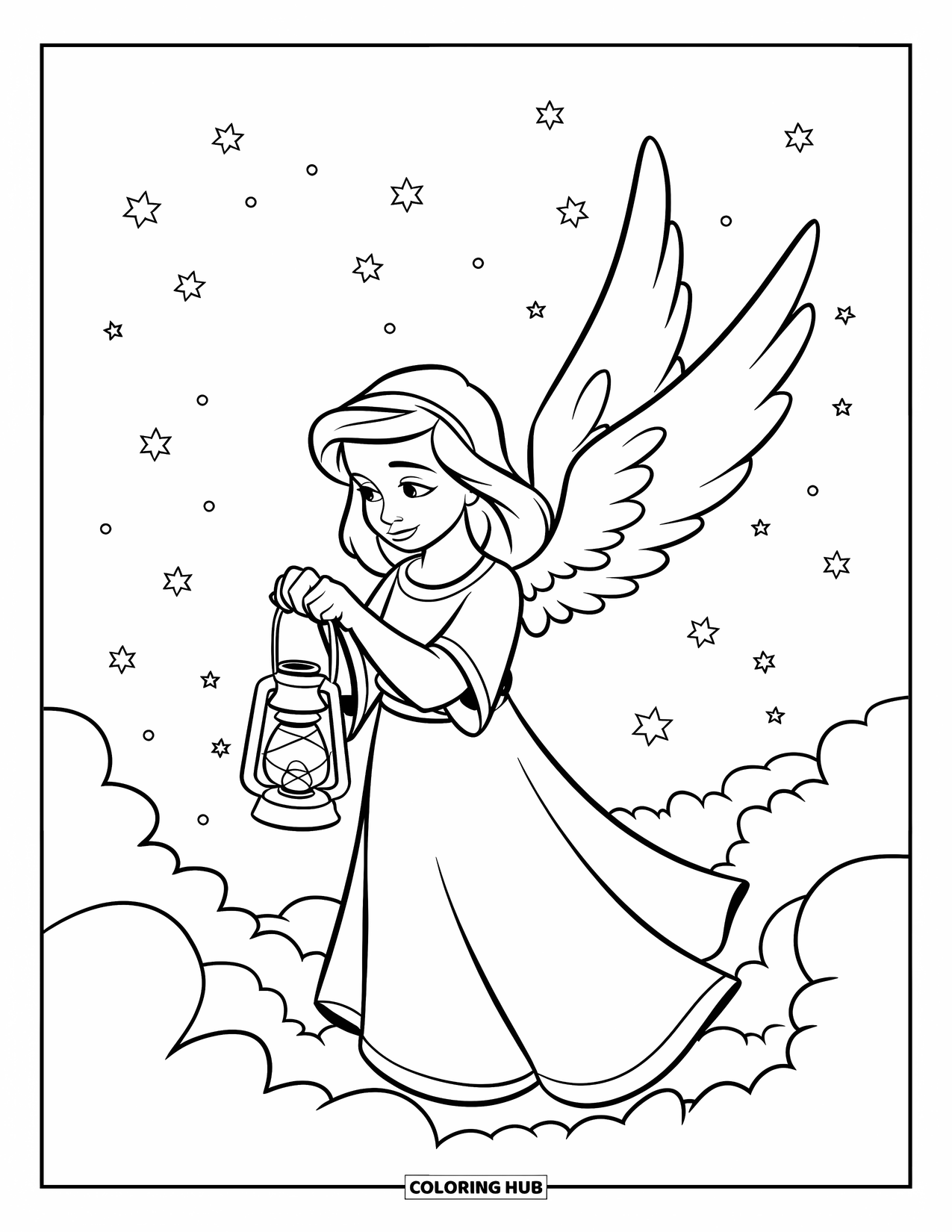 Desen de colorat cu un înger pentru copii: Un înger cu aripi ținând un felinar pe un nor