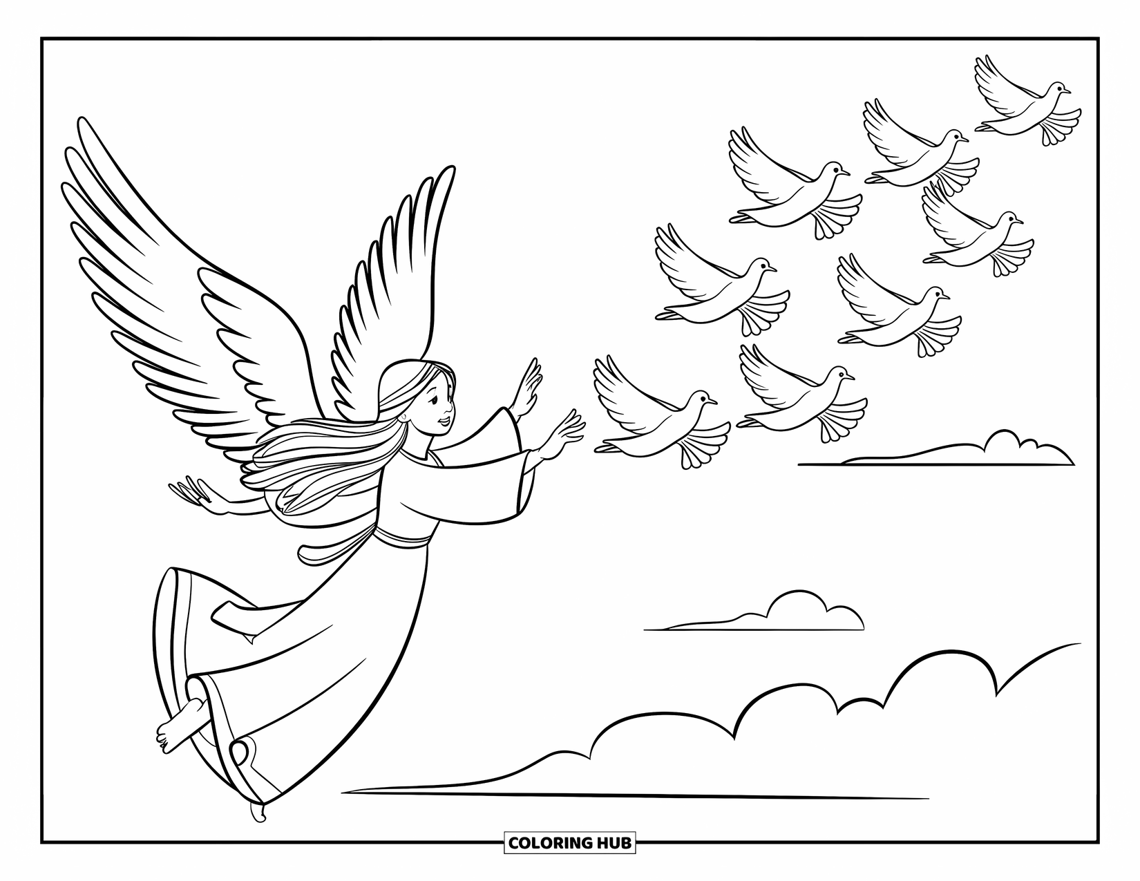 Desen de colorat cu un înger pentru copii: Un înger cu aripile întinse ghidând porumbei printre nori