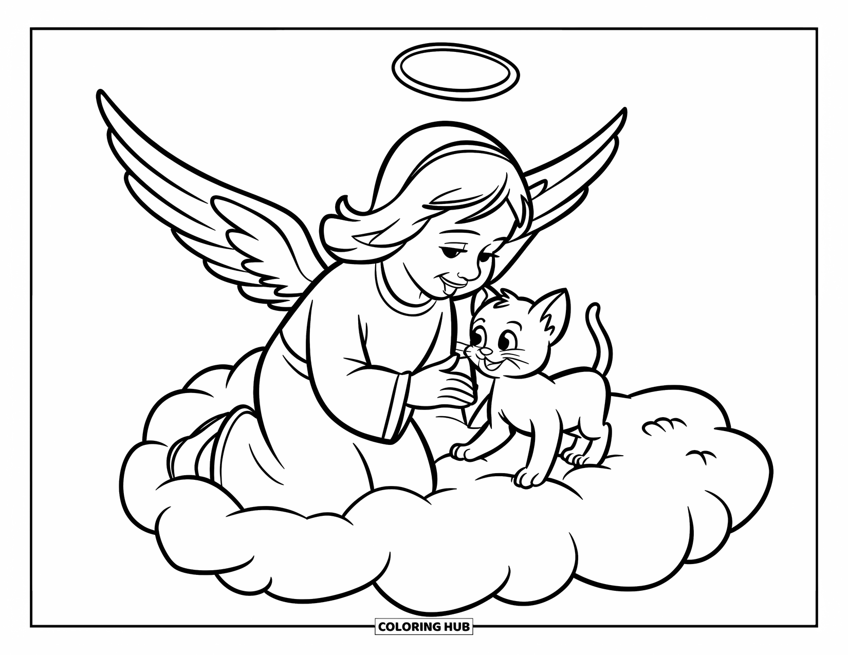 Desen de colorat cu un înger pentru copii: Un înger cu aripi jucându-se cu un pisoi pe un nor