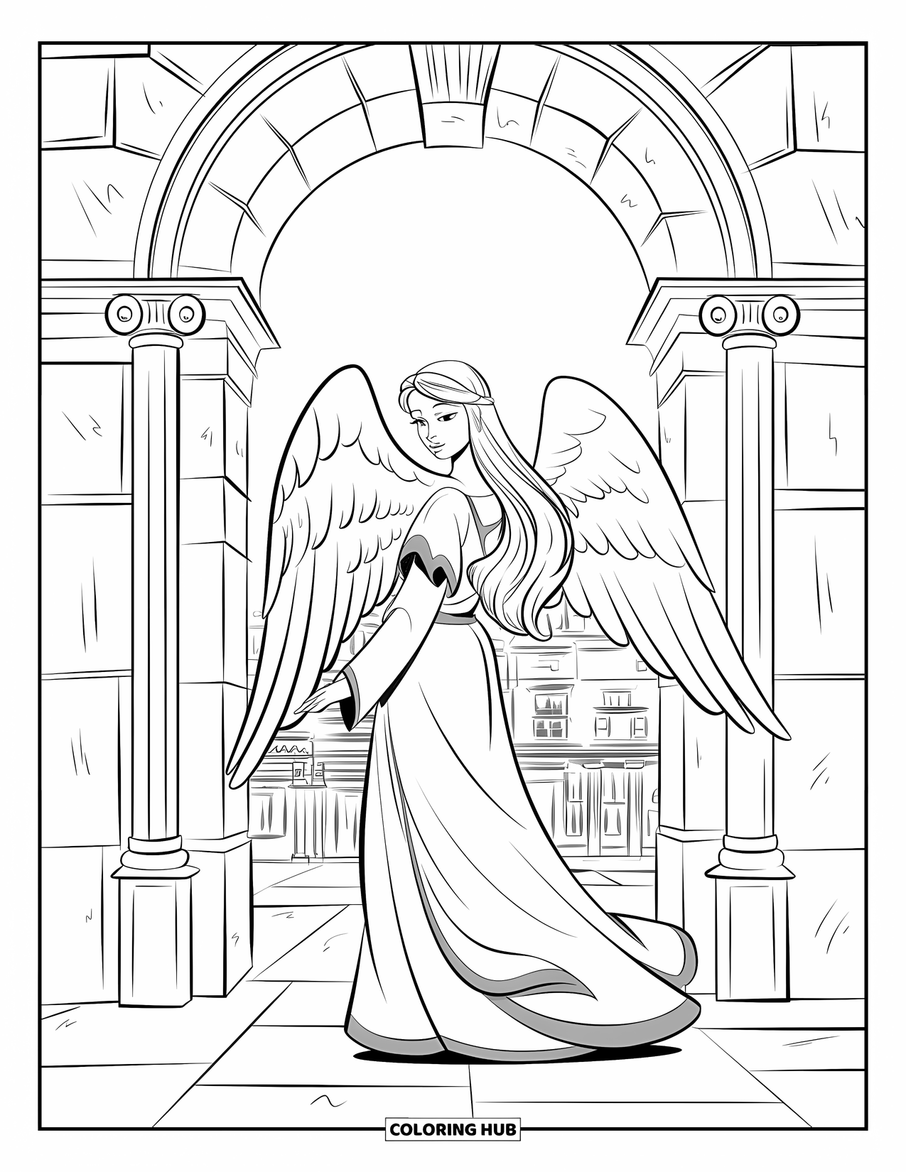 Desen de colorat cu un înger pentru copii: Un înger cu aripi stând în fața unei arcade de piatră sculptate