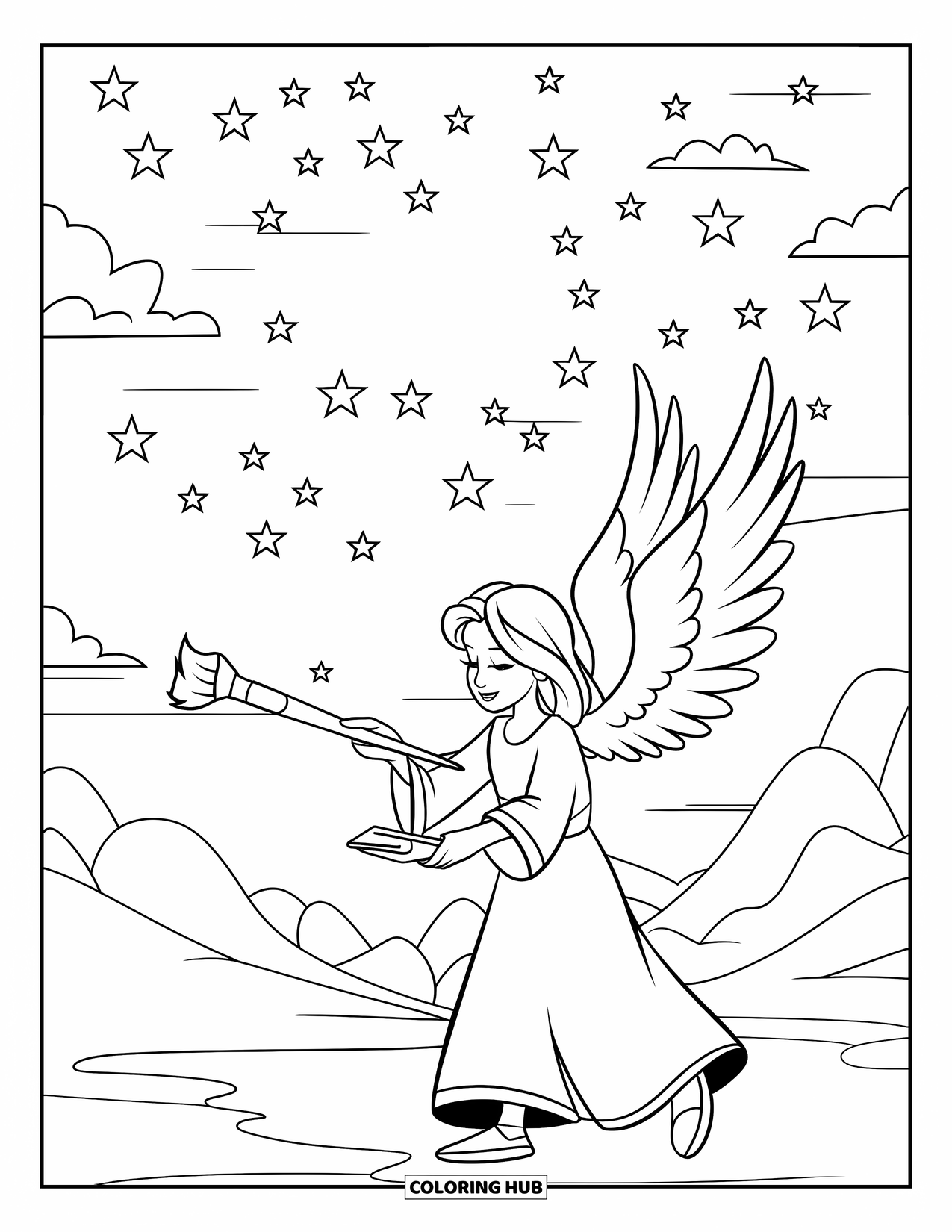 Desen de colorat cu un înger pentru copii: Un înger artist pictând stele pe cer cu nori și un orizont