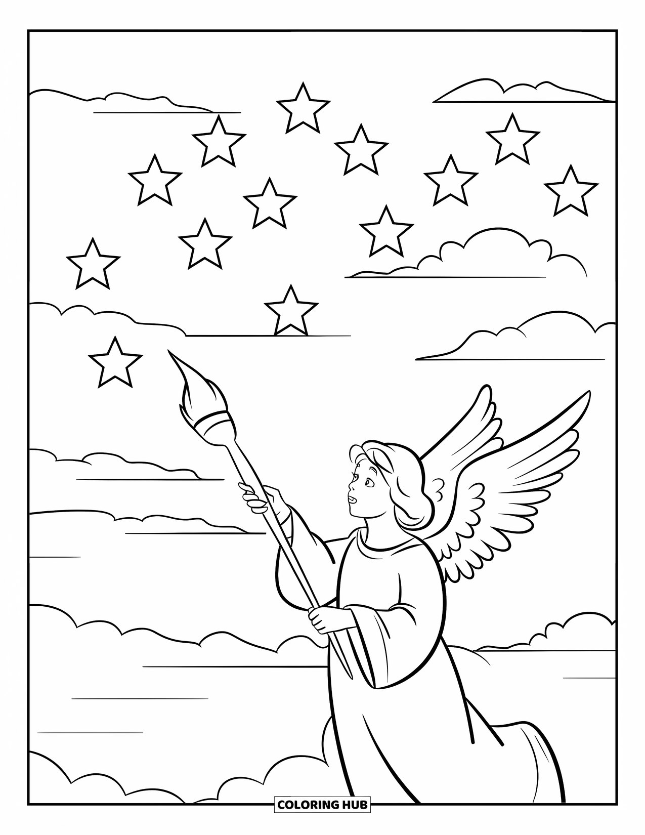 Desen de colorat cu un înger pentru copii: Un înger artist pictând stele pe cer cu o pensulă