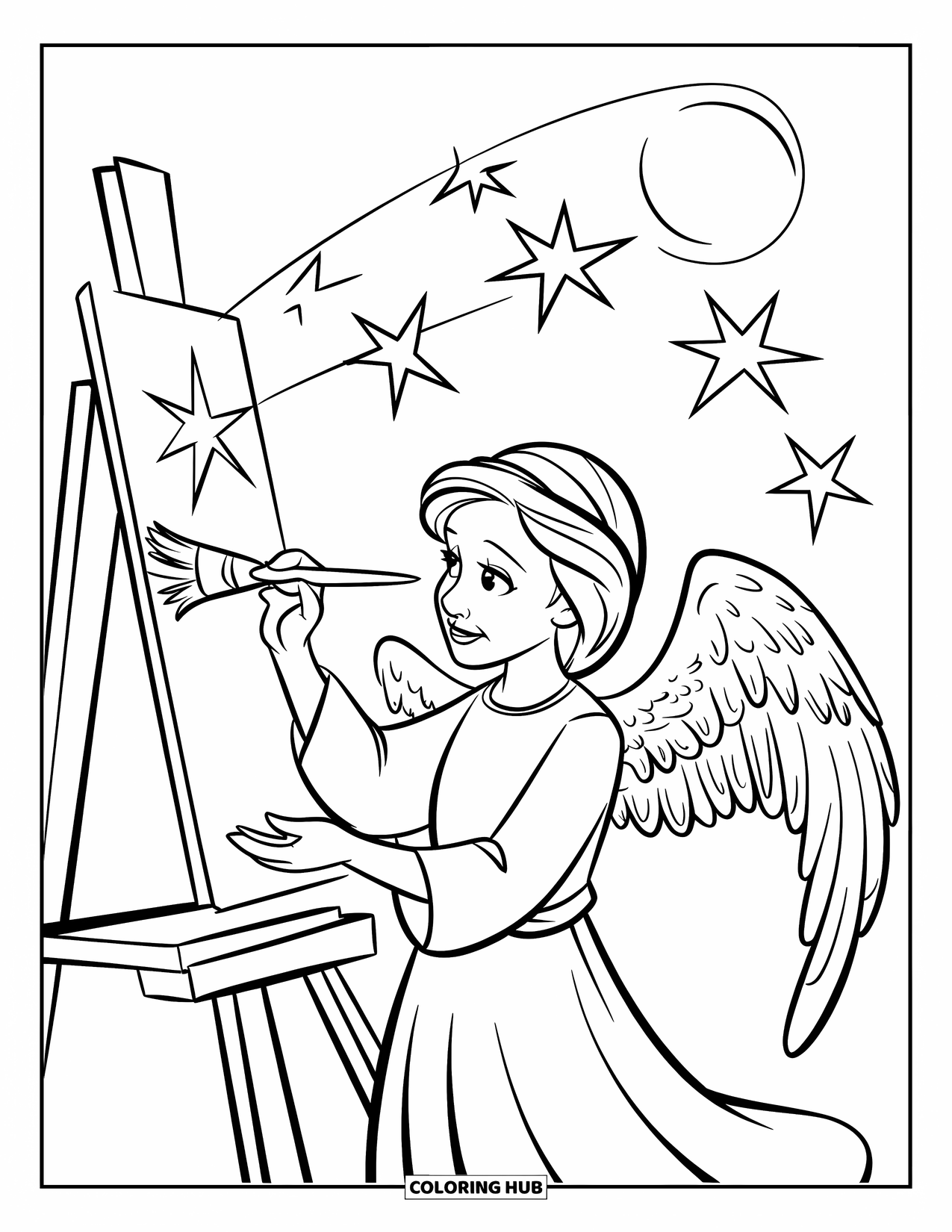 Desen de colorat cu un înger pentru copii: Un înger artist cu aripi pictând stele pe cerul nopții