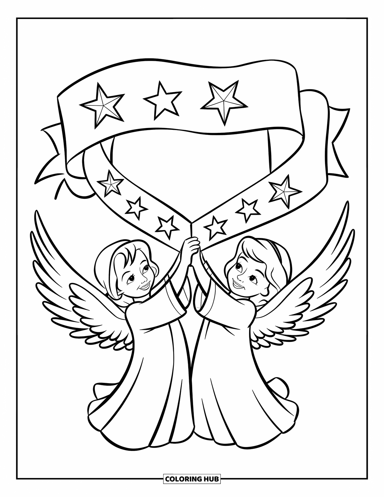 Desen de colorat cu un înger pentru copii: Doi îngeri ținând o panglică cu stele pe cer