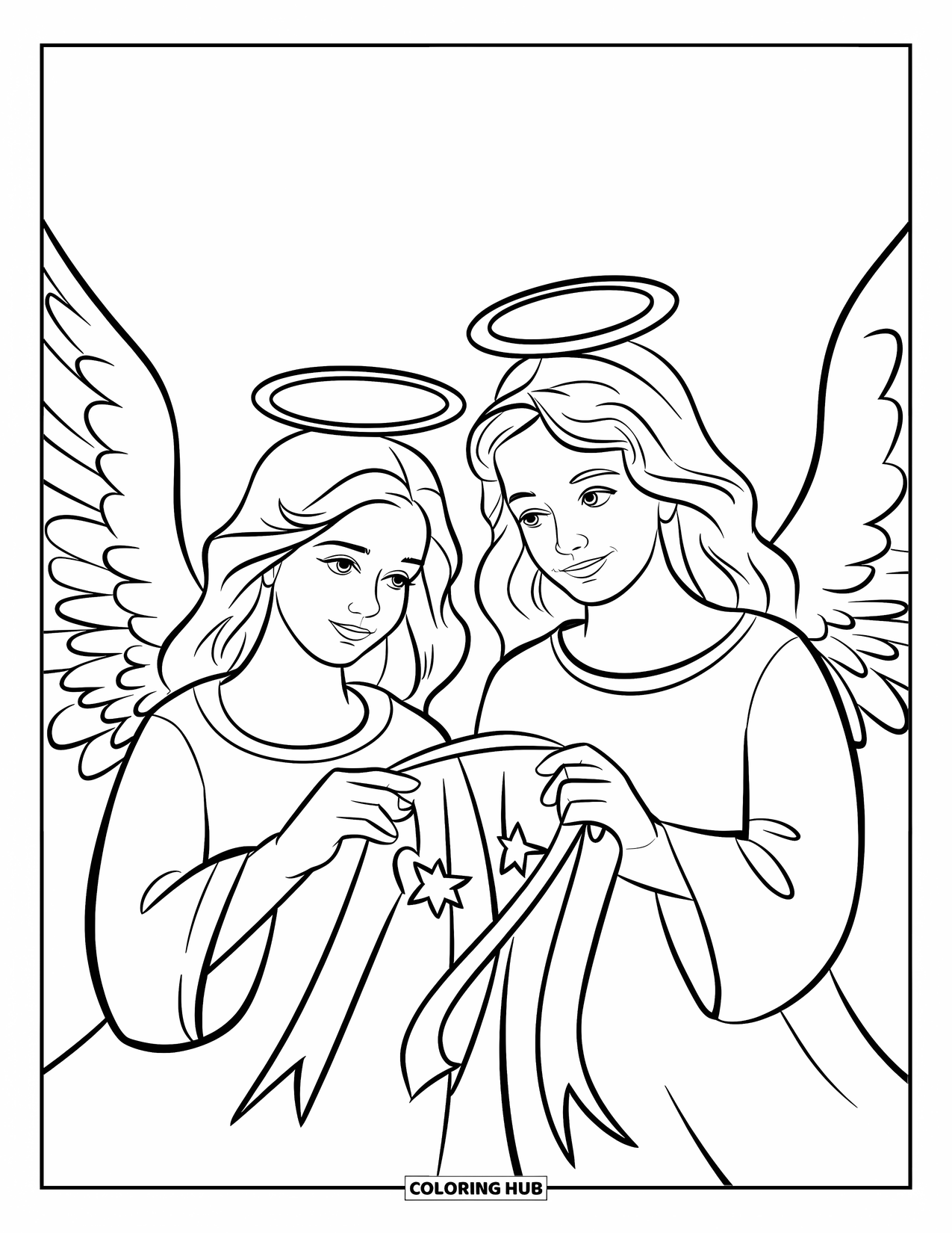 Desen de colorat cu un înger pentru copii: Doi îngeri ținând o panglică cu stele pe un fundal alb