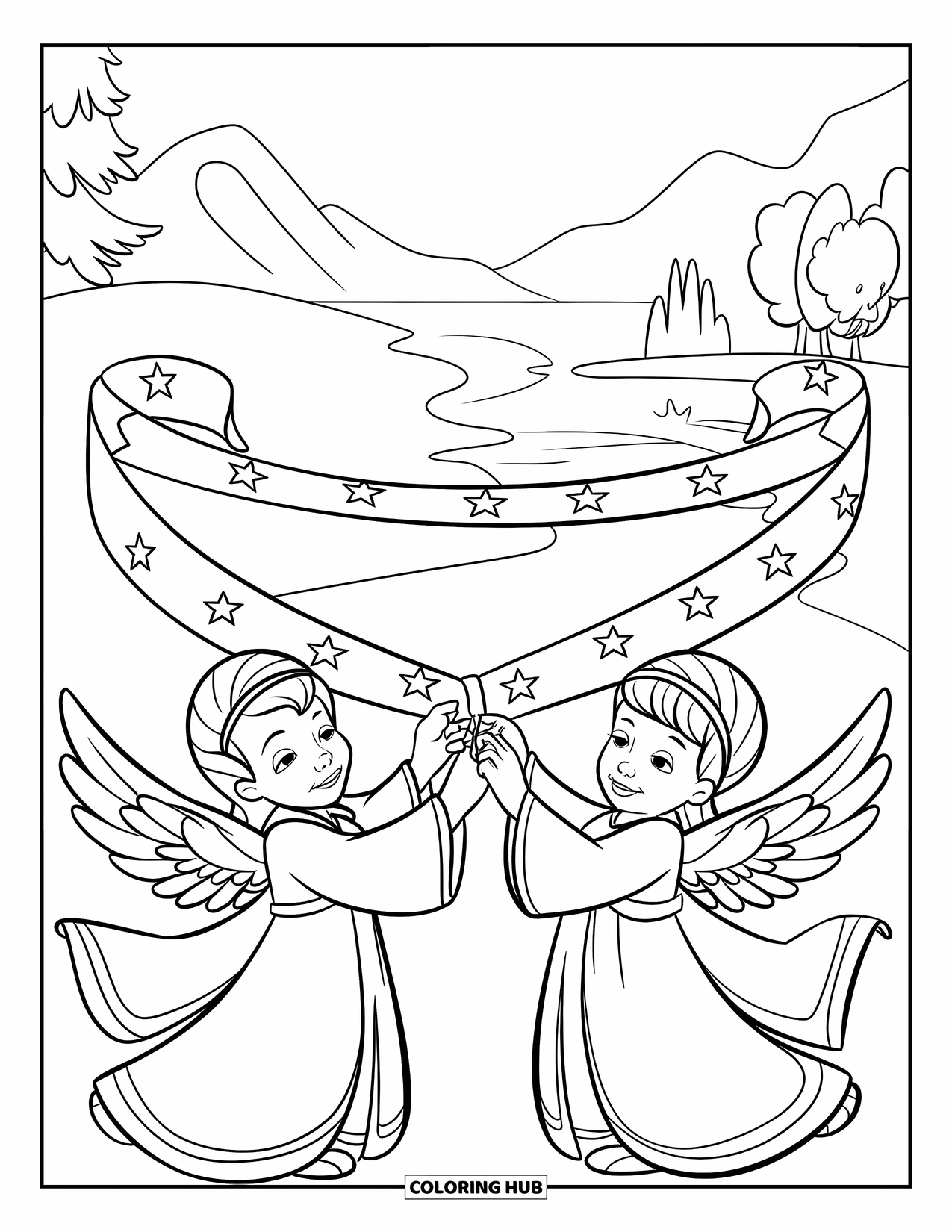 Desen de colorat cu un înger pentru copii: Doi îngeri ținând o panglică cu stele legate de o ramură