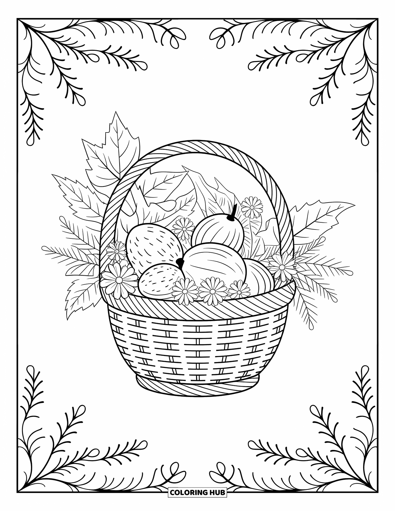 Coloriage d'automne pour adultes : Un panier rempli de noix d'automne, de feuilles détaillées et de petites fleurs