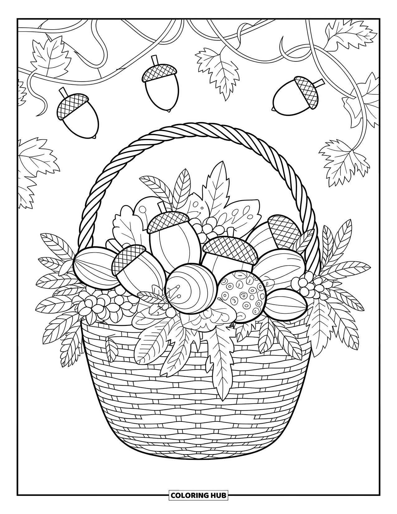 Coloriage d'automne pour adultes : Un panier rempli de noix d'automne, de feuilles, de fleurs et de délicates vignes tourbillonnantes