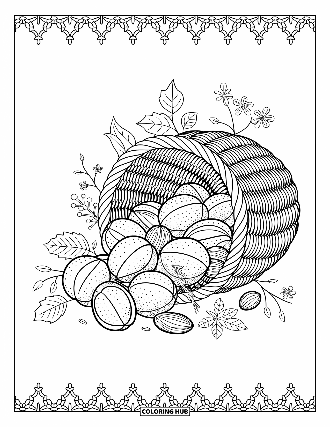 Coloriage d'automne pour adultes : Un panier de noix d'automne, de feuilles et de fleurs avec de délicates bordures