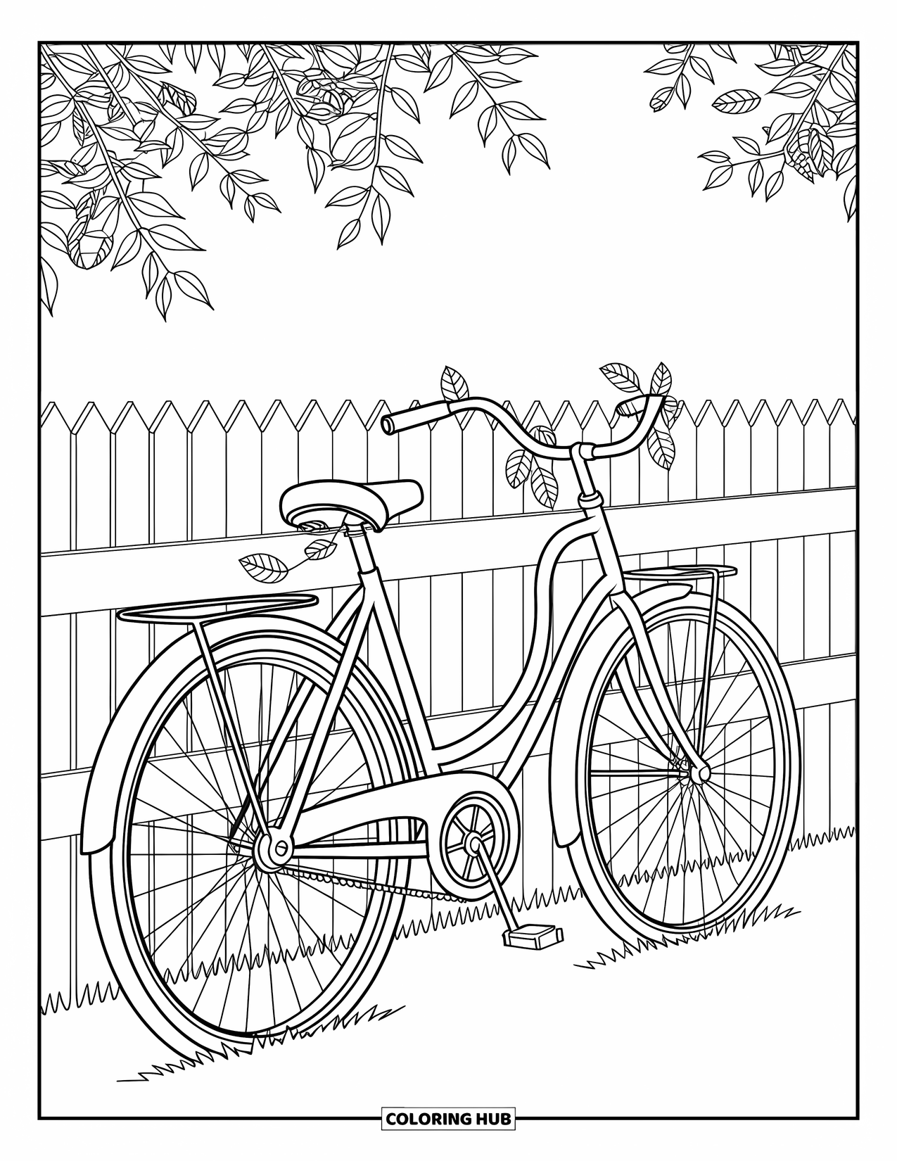 Coloriage d'automne pour adultes : Un vélo appuyé contre une clôture avec des feuilles délicates et des motifs artistiques