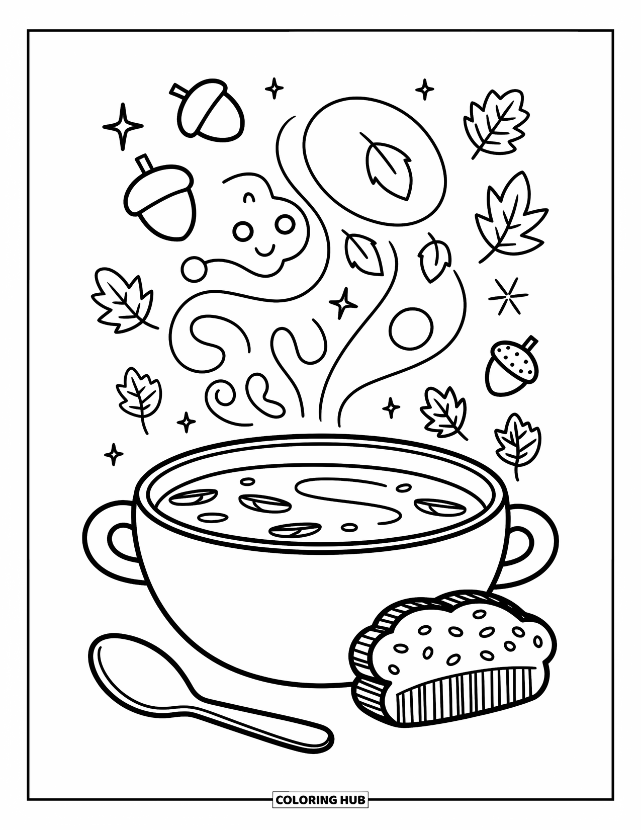 Coloriage d'automne pour adultes : Un bol de soupe à la citrouille avec de la vapeur fantaisiste, une cuillère et du pain rustique