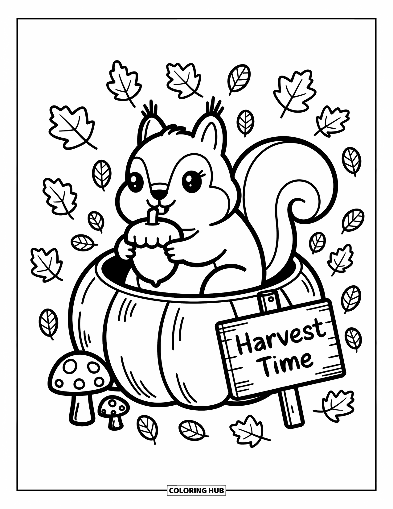 Coloriage d'automne pour adultes : Un écureuil potelé est assis dans une citrouille avec des champignons, des feuilles enroulées et un panneau de récolte