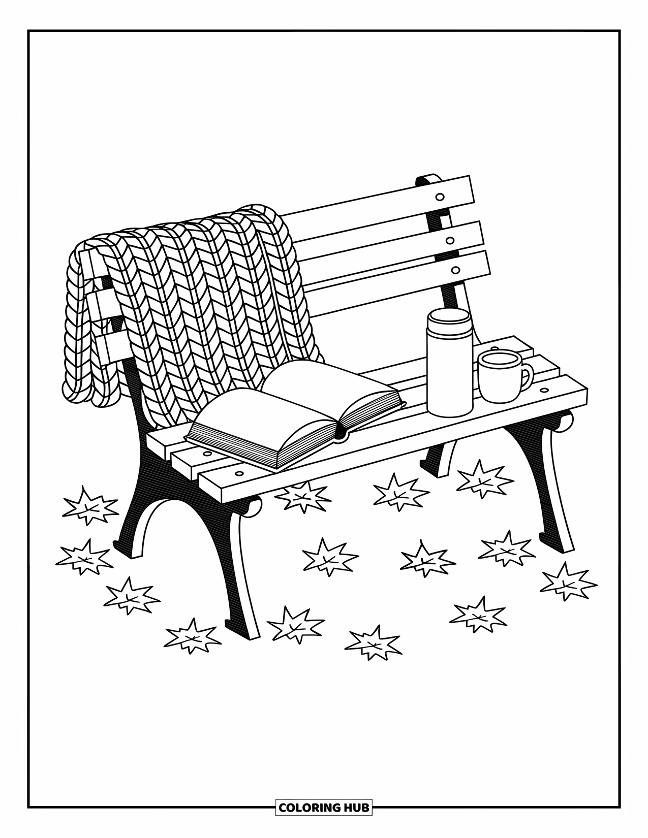 Coloriage d'automne pour adultes : Un banc douillet avec une couverture, un livre, un thermos et des feuilles fantaisistes autour