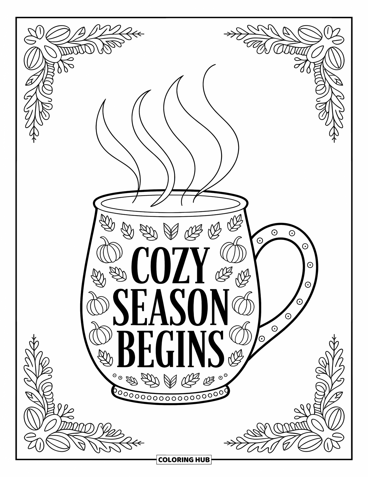 Coloriage d'automne pour adultes : Une tasse douillette avec des motifs de citrouilles et la phrase « Cozy Season Begins » avec des motifs floraux