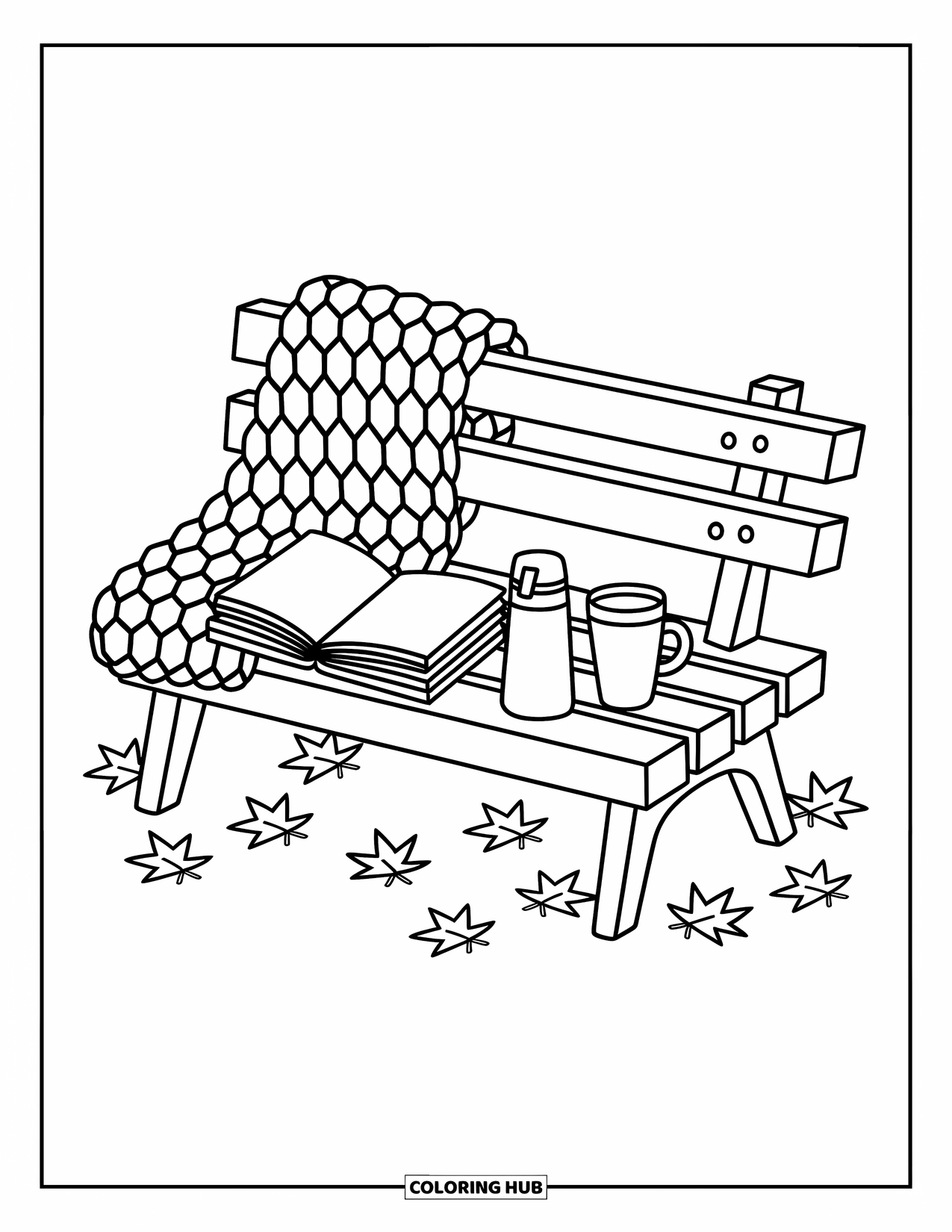 Coloriage d'automne pour adultes : Un banc de parc douillet avec une couverture, un livre, un thermos et une tasse entourés de minuscules feuilles